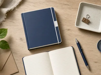 Illustration of a softcover A5 notebook open beside a pen on a modern desk
