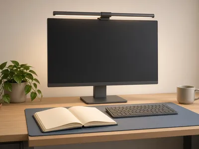 Illustration of a monitor light bar mounted on a monitor on a modern desk
