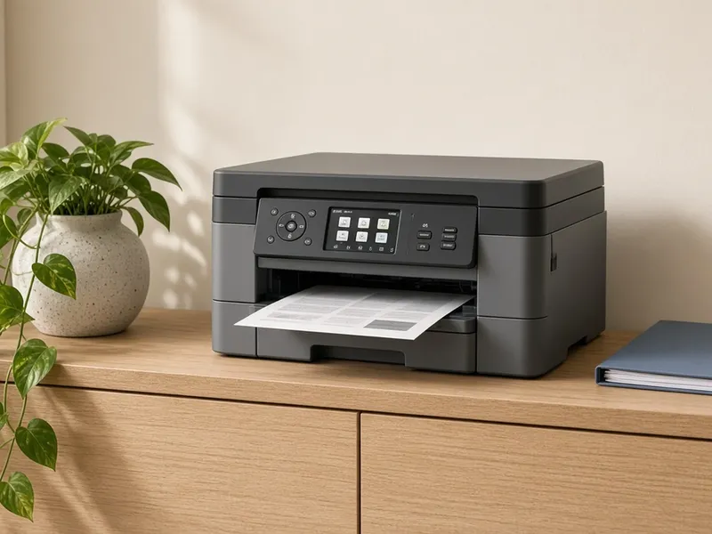 Illustration of a compact gray mono laser all-in-one printer on a modern desk