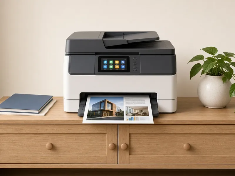 Illustration of a color laser all-in-one printer on a modern desk