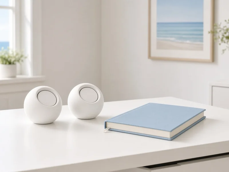 Illustration of two small round white speakers on a white desk beside a blue journal