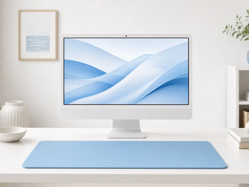 Illustration of a white 27-inch monitor on a white desk with a sky-blue desk pad in front