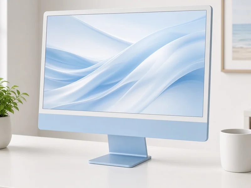 Illustration of a light blue 24-inch all-in-one desktop on a white desk beside a plant and a white mug