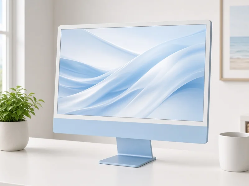 Illustration of a light blue 24-inch all-in-one desktop on a white desk beside a plant and a white mug