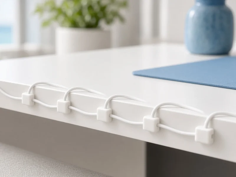 Illustration of small white cable clips holding white cables along the edge of a white desk