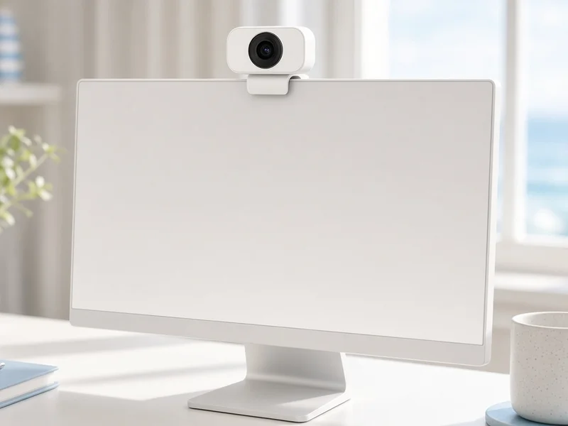 Illustration of a small white webcam clipped to the top of a white monitor