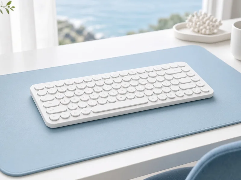 Illustration of a slim white keyboard with round keys on a sky-blue desk pad