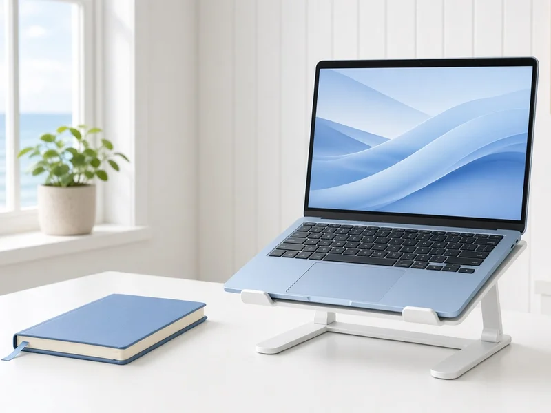 Illustration of a sky-blue laptop open on a white laptop stand next to a blue notebook