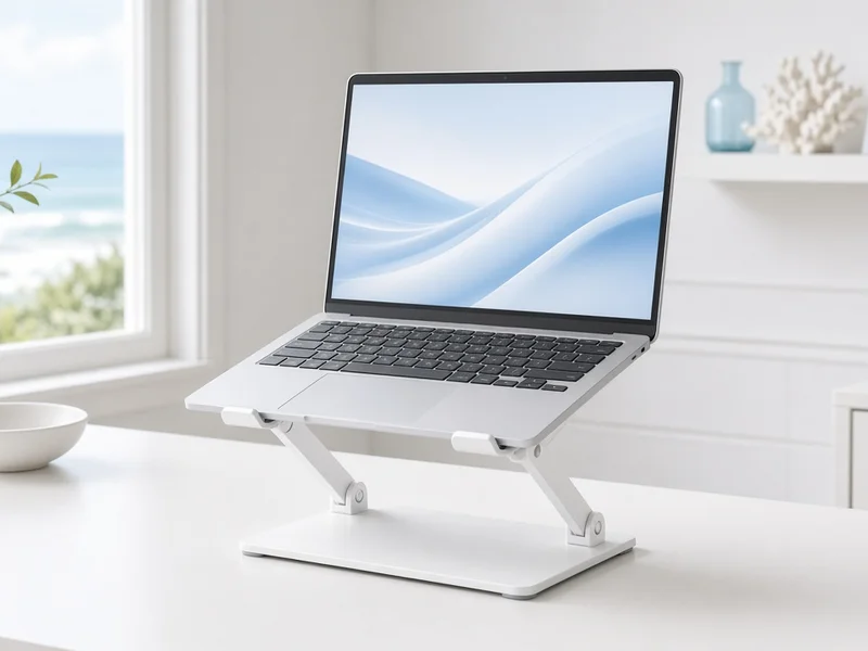 Illustration of a silver laptop open on a white laptop stand on a white desk