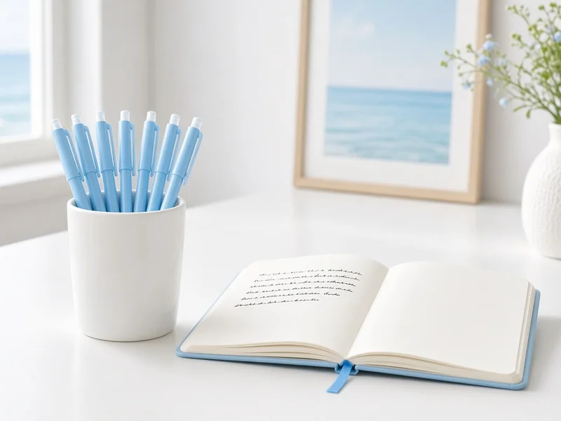 Illustration of pastel blue gel pens in a white cup beside an open notebook