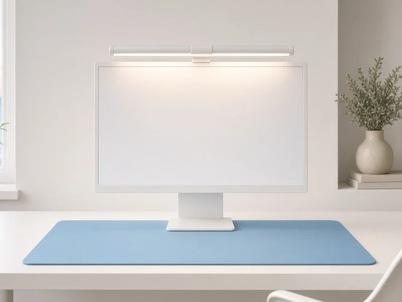 Illustration of a white light bar glowing on top of a white monitor over a blue desk pad