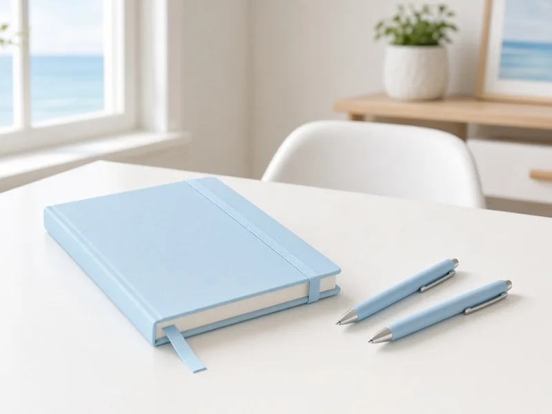 Illustration of a light blue hardcover journal on a white desk next to blue pens