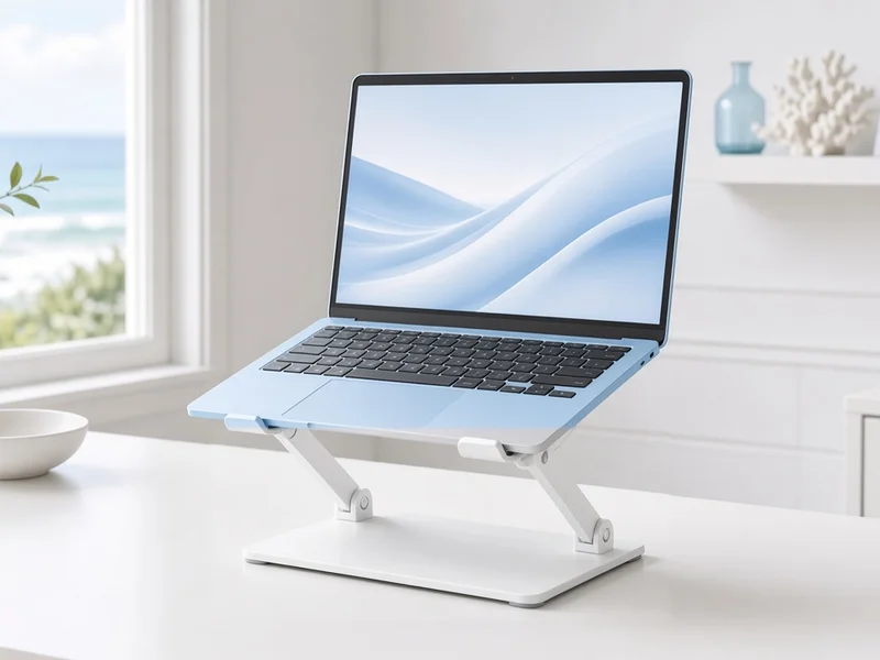 Illustration of a sky-blue laptop on a white metal laptop stand on a white desk