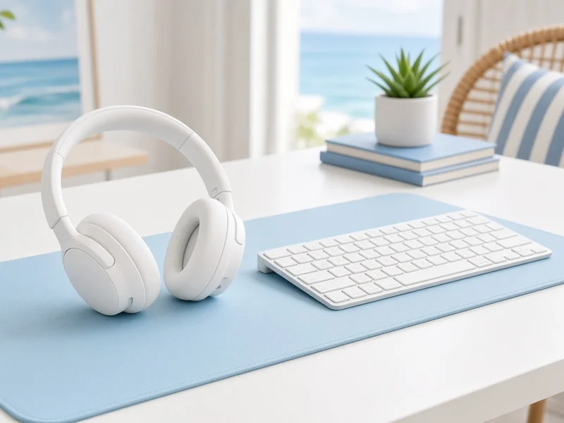 Illustration of white over-ear headphones resting on a sky-blue desk pad beside a white keyboard