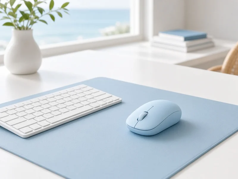 Illustration of a small light blue mouse on a sky-blue desk pad beside a white keyboard