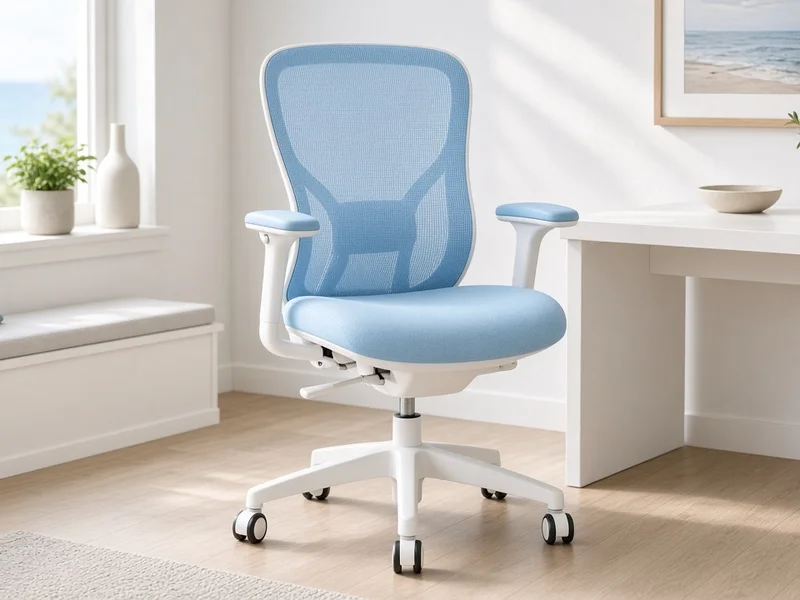 Illustration of a sky-blue mesh office chair pulled up to a white desk