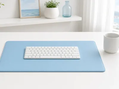 Illustration of a sky-blue leather desk pad under a white keyboard and a mug on a white desk