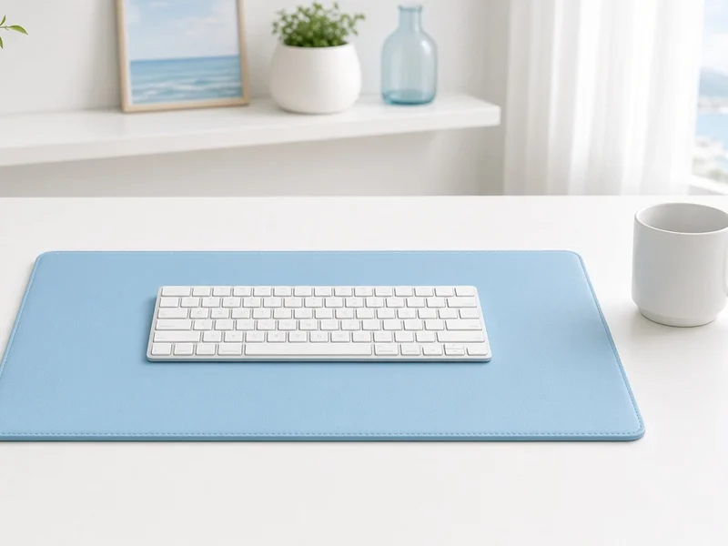Illustration of a sky-blue leather desk pad under a white keyboard and a mug on a white desk