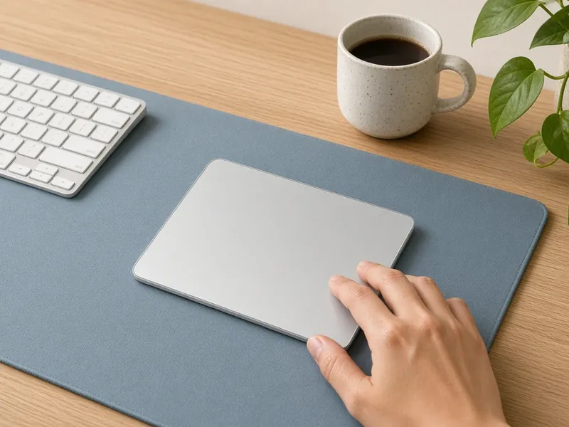 Illustration of a slim wireless trackpad on a desk mat on a modern desk