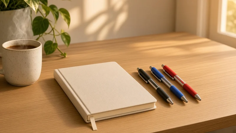 Illustration of three retractable pens on a desk beside a notebook