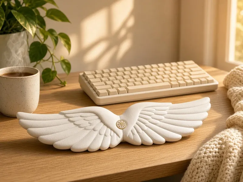 Illustration of a white angel wing wrist rest with a small center emblem in front of a cream keyboard on a wooden desk