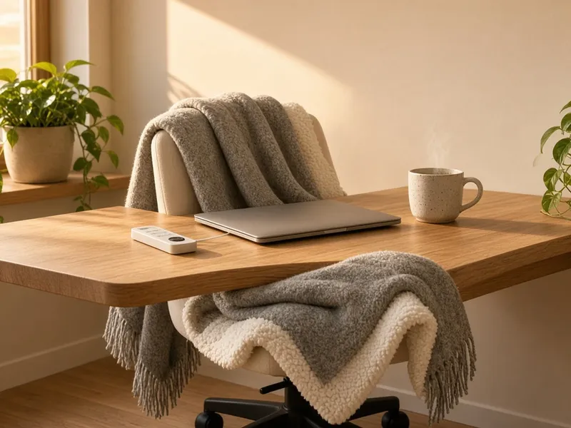 Illustration of a gray sherpa throw draped over a desk chair at a sunlit wooden desk