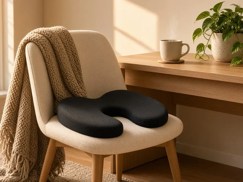 Illustration of a black U-shaped memory foam seat cushion on a cream desk chair