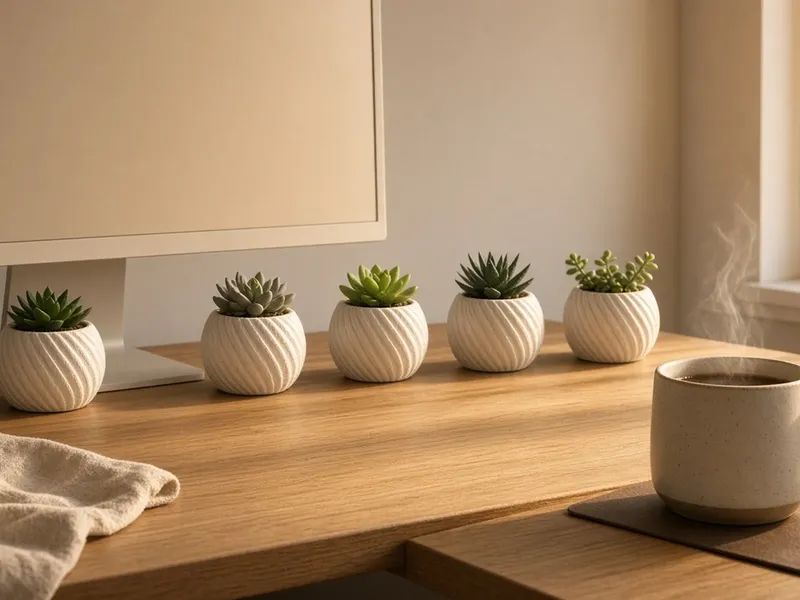 Illustration of small potted faux succulents lined up beside a monitor on a wooden desk