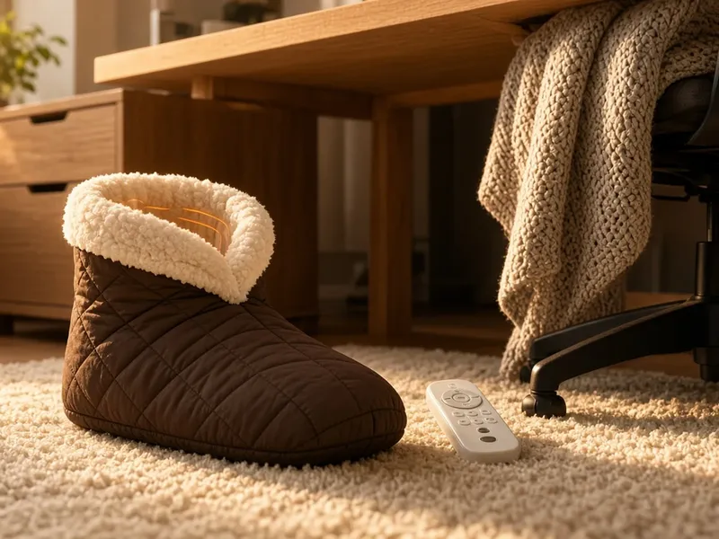 Illustration of a fleece-lined heated foot warmer pouch on a rug under a desk