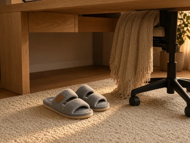 Illustration of gray fuzzy slippers on a rug under a wooden desk