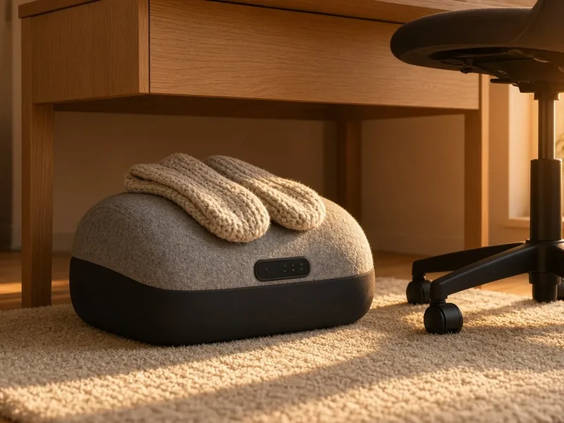 Illustration of a plush gray footrest on the floor under a wooden desk