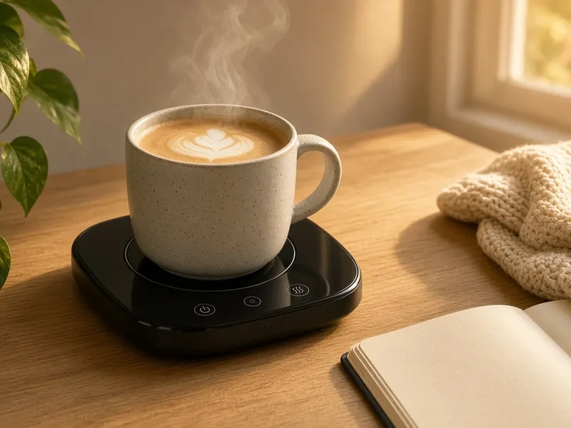 Illustration of a steaming mug on a black mug warmer next to a keyboard on a wooden desk