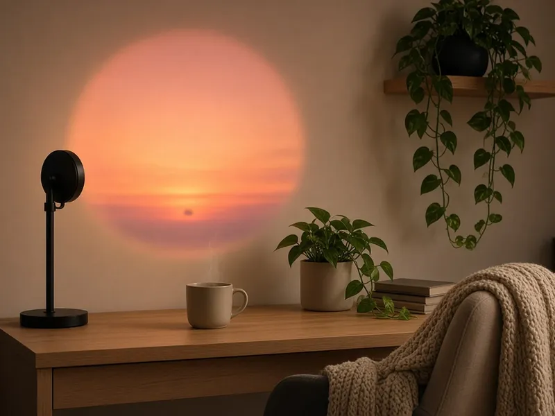 Illustration of a warm orange sunset glow projected on the wall behind a desk and monitor