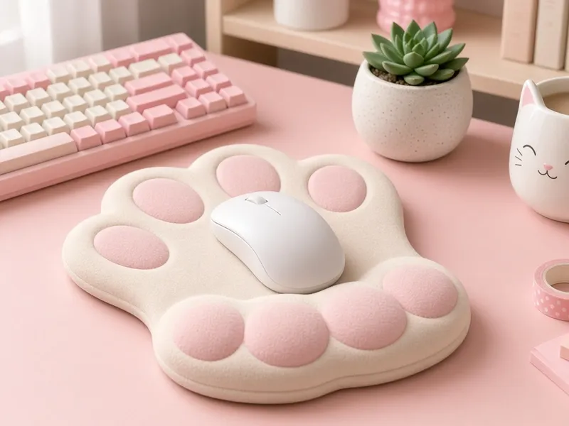 Illustration of a cat paw mouse pad with pink toe beans and a white mouse on a pink desk