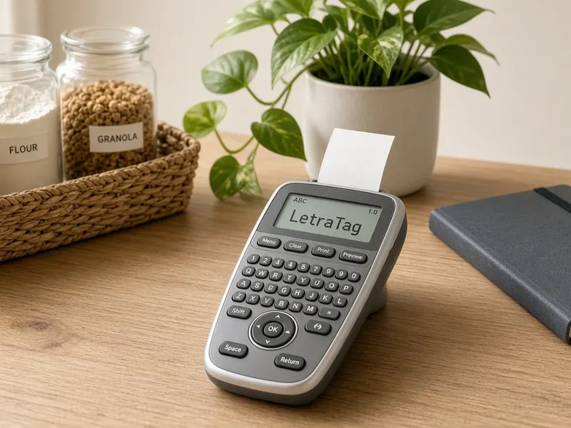 Illustration of a silver and grey handheld label maker with a QWERTY keyboard and small screen on a wooden desk