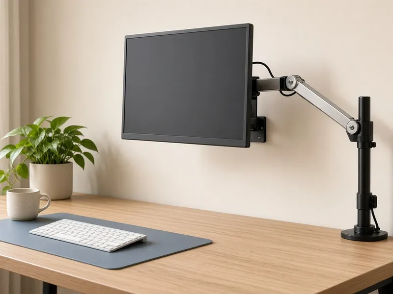 Illustration of a single monitor arm holding a monitor on a modern desk