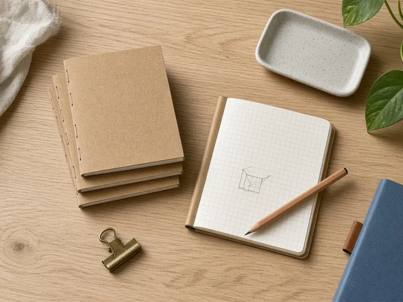 Illustration of kraft pocket memo books on a modern desk
