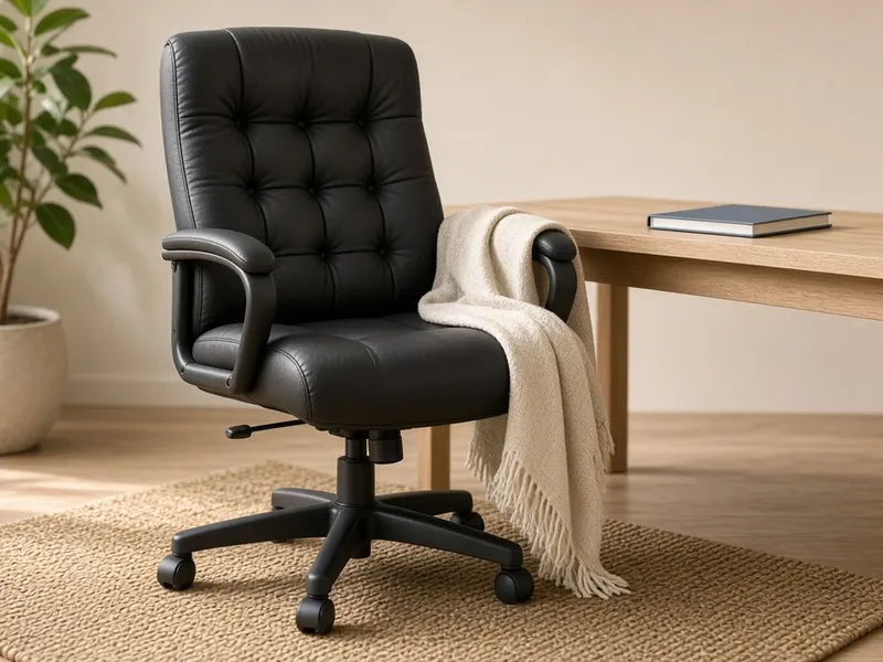 Illustration of a black tufted leather-look executive chair with a throw blanket beside a wooden desk