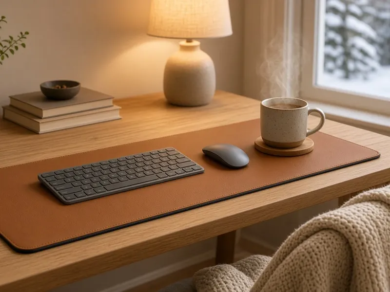 Illustration of a large tan desk pad under a keyboard and mouse on a wooden desk with a lamp and mug