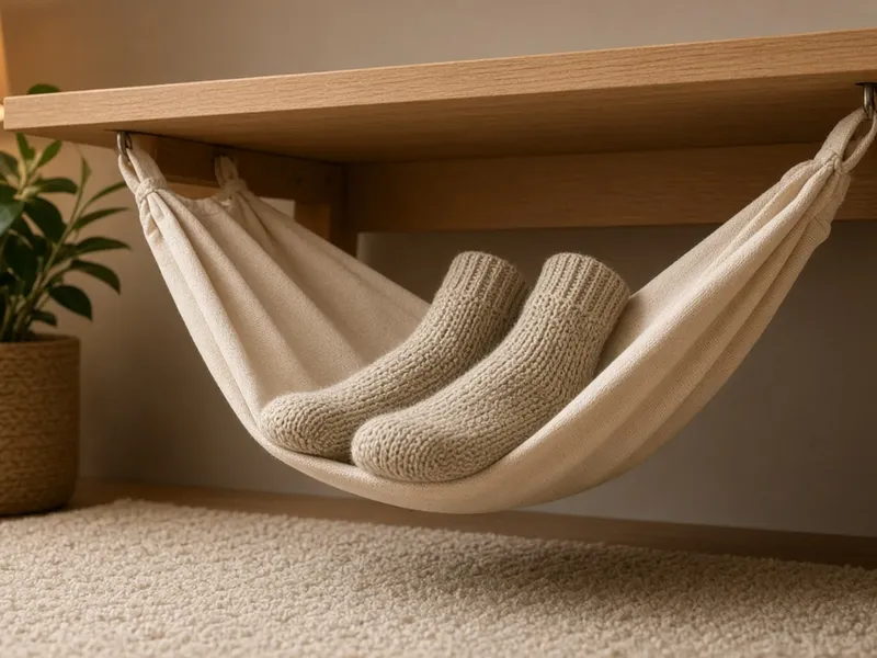 Illustration of feet in cozy socks resting in a cream fabric hammock hung under a desk