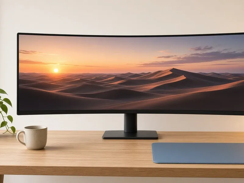Illustration of a very wide curved monitor showing a sunset over dunes on a wooden desk
