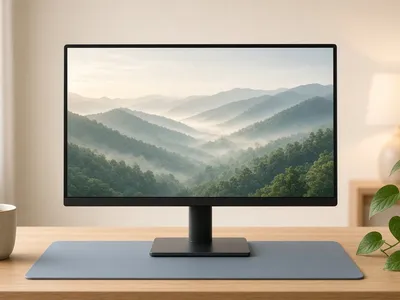 Illustration of a flat monitor showing misty mountains on a wooden desk with a desk mat