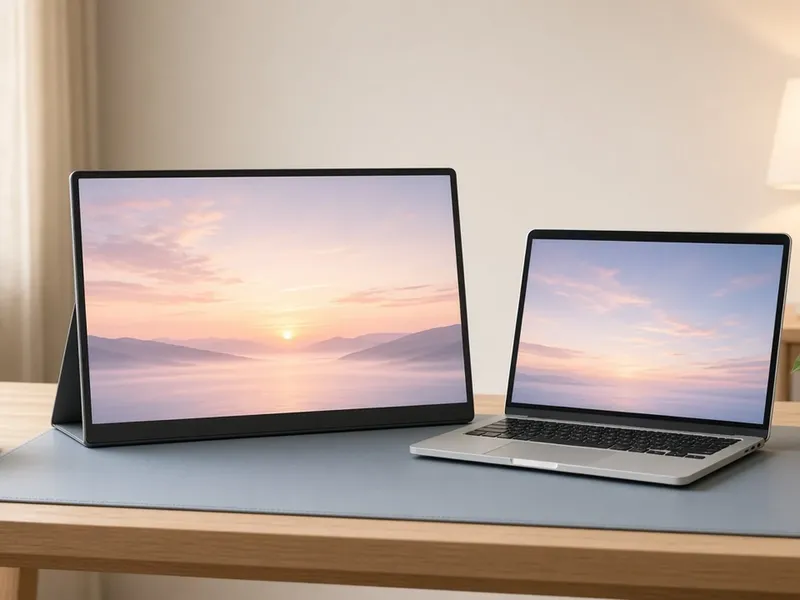 Illustration of a slim portable monitor on a kickstand beside a laptop on a wooden desk