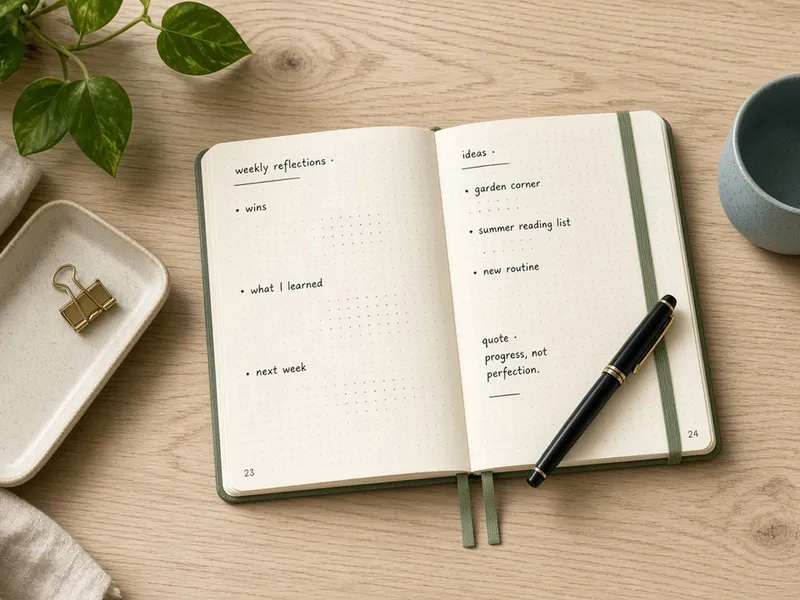 Illustration of a hardcover notebook on a modern desk
