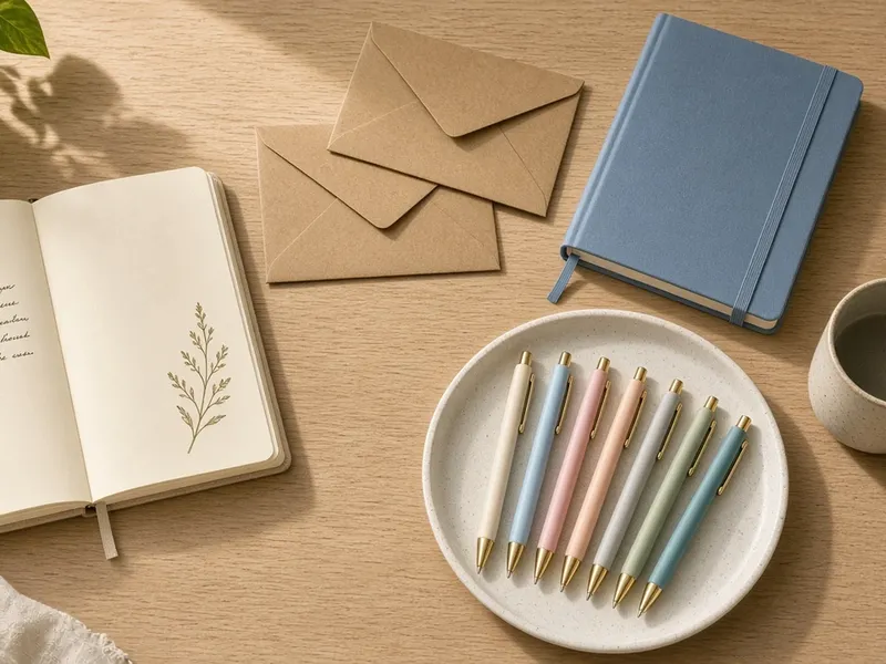 Illustration of pastel pens with gold clips on a white plate beside a notebook and envelopes