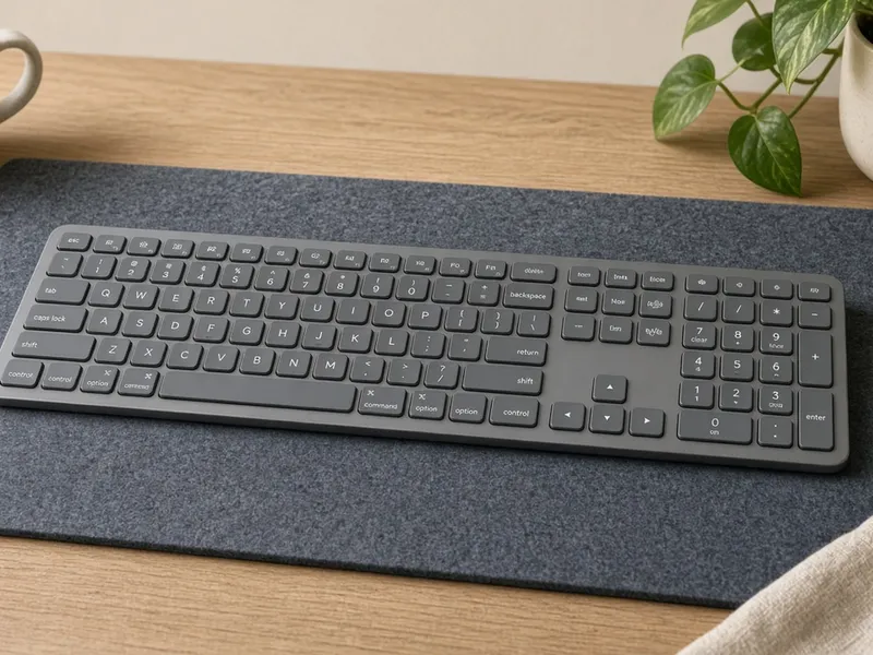 Illustration of a graphite full-size wireless keyboard on a modern desk