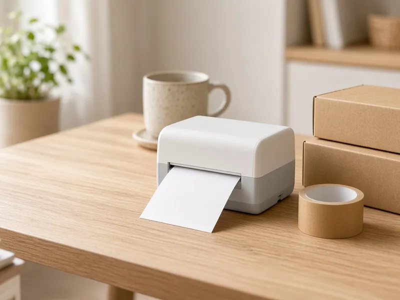 Illustration of a white shipping label printer printing a label on a wooden desk beside shipping boxes