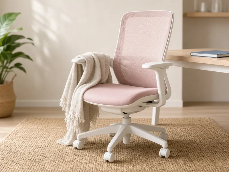 Illustration of a pink mesh office chair with a white frame and a throw blanket in a bright room