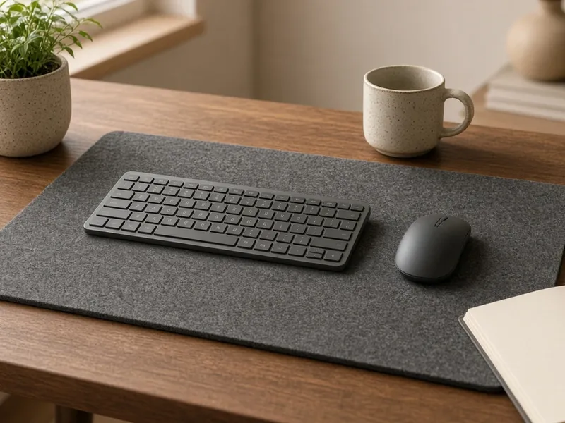 Illustration of a large charcoal felt desk mat under a keyboard and mouse on a wooden desk