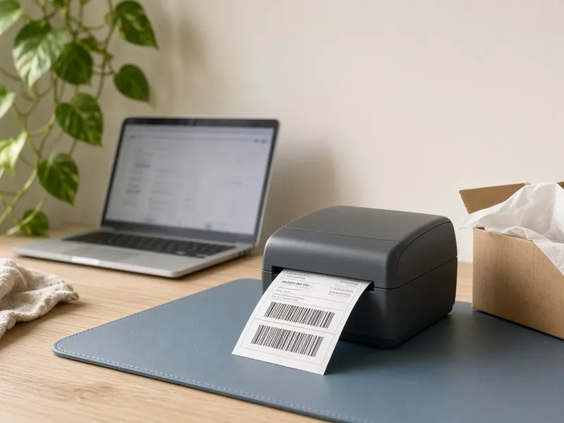 Illustration of a dark gray shipping label printer printing a barcode label next to a laptop and a box